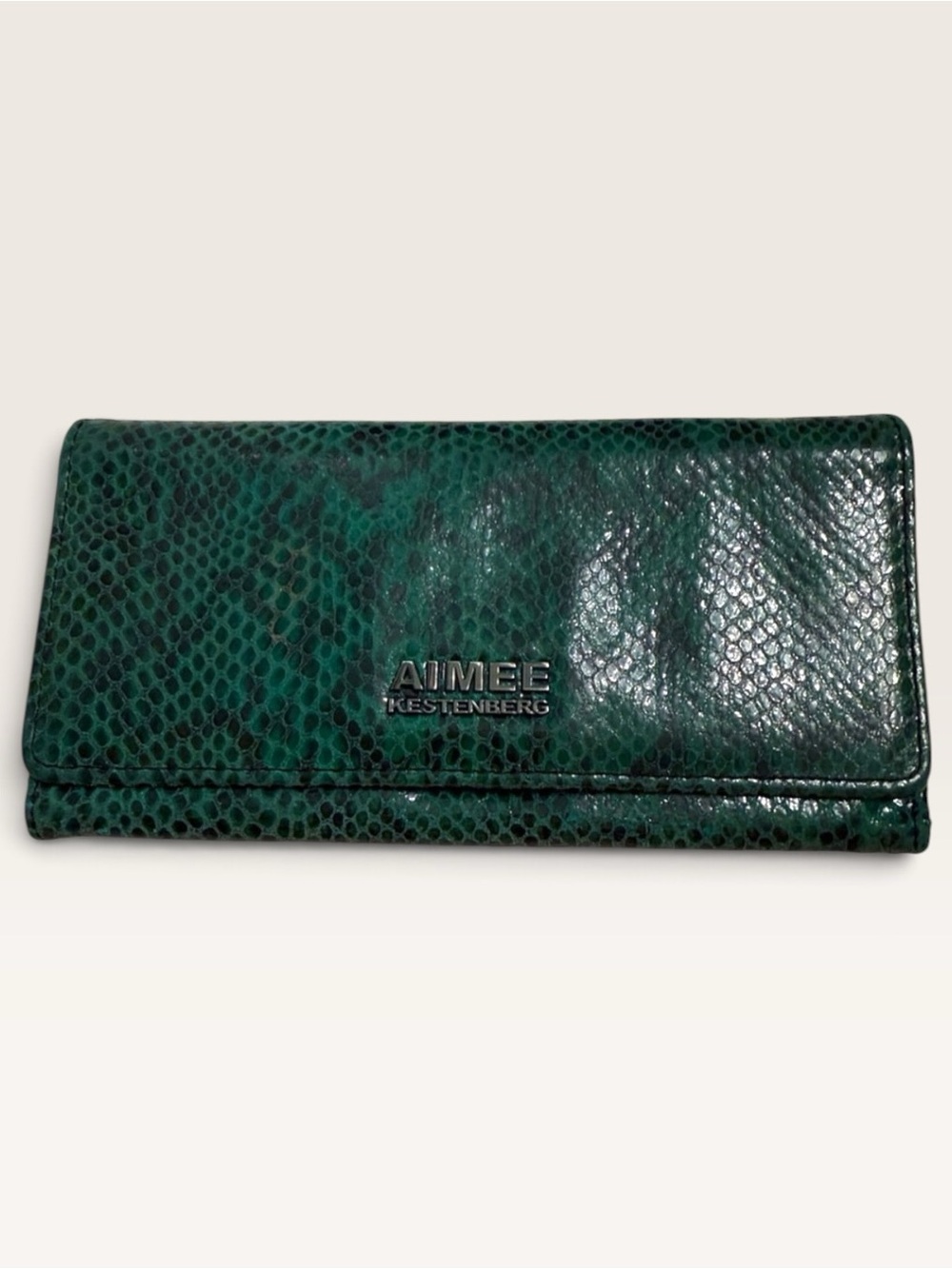 Aimee Kestenberg EUC Dark Green Snake-Embossed Leather Wallet